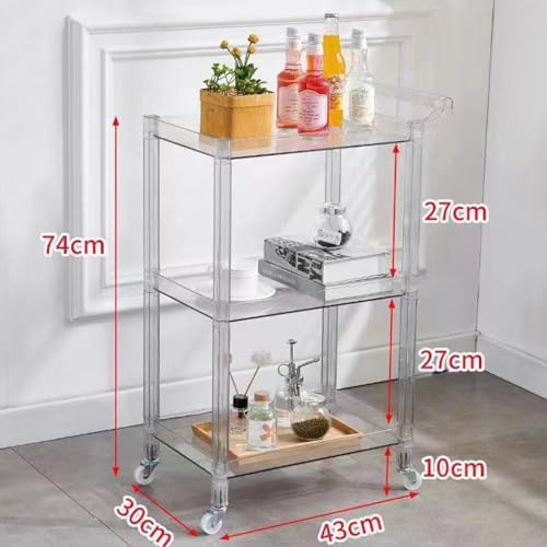 Acrylic Utility Rolling Cart,3-Tier Acrylic Bar Cart with Pulling Handle & 4 Wheels for Kitchen Living Room Dining Laundry,Clear Multifunction Small Spaces Rolling Serving (Size:29.13'' H,Color:Clear)