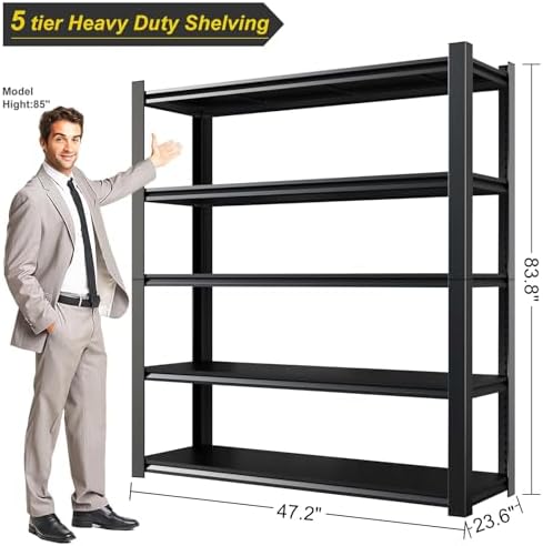 24" D x 47" W x 84" H Heavy Duty Garage Shelving, Metal Shelving, 3500LBS Storage Shelves 5 Tier Adjustable Heavy Duty Shelving Unit for Warehouse, Garage, Basement