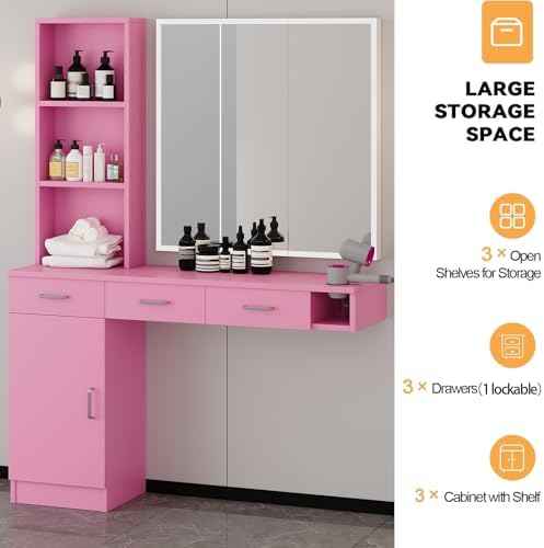 4ever2buy Pink Salon Stations for Hair Stylist, Wall Mount Barber Station