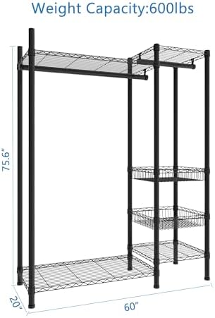 Xiofio 6 Tiers Heavy Duty Clothes Rack,Metal Clothing Rack, Adjustable Clothing Rack with Hanging Rod and Wire Fixing Baskets,Max Load 600LBS,Black