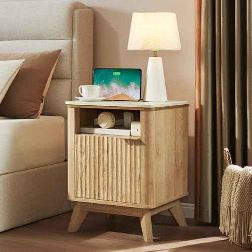QUW Fluted Nightstands with Charging Station, 18" Modern Side Table