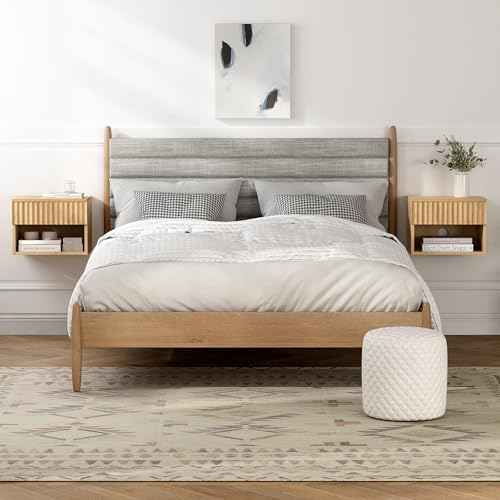 EYYTHUNG Small Floating Nightstand Set of 2, Modern Fluted Night Stand with Drawer and Open Storage Shelf Wall Mounted Bedside Tables Natural Oak