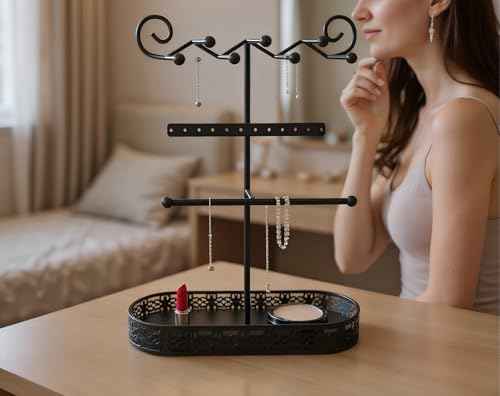 Black Jewelry Stand Holder Organizer, 12.6" Tall Jewelry Display Storage Rack, Sturdy Metal Jewelry Hanger Jewelry Tower for Necklace, Bracelet, Ring, Earring