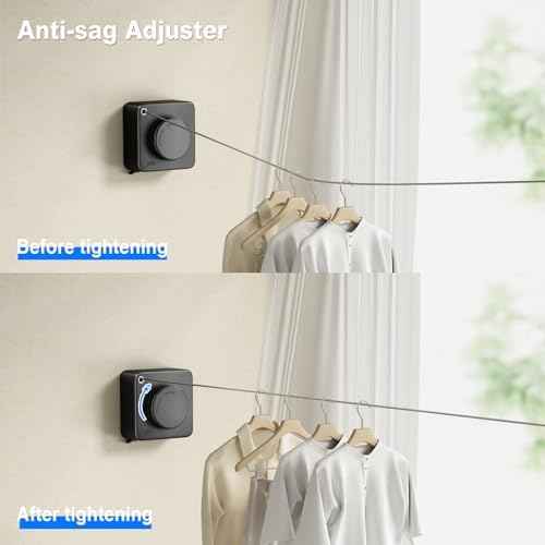 MUSTORN Retractable Clothesline Indoor, Non-Sagging Outdoor Clothes Line Retracting Heavy Duty Clothes Drying Laundry Line Wall Mounted Stainless Steel Line-13.8 Feets(Black)