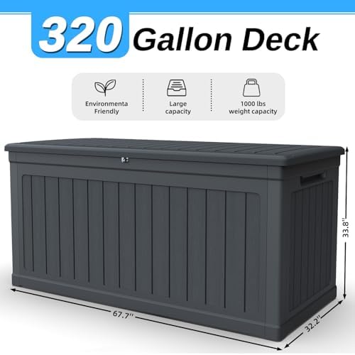 320 Gallon Outdoor Storage Deck Box, Waterproof Resin Deck Boxes with Handle & Lockable for Patio Furniture, Garden & Pool Tools -Swimming Pool, UV Resistant, Black (320)