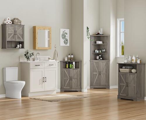 Bathroom Corner Cabinet, Farmhouse Floor Corner Cabinet with Doors and Adjustable Shelves, Freestanding Wooden Storage Hutch Cupboard for Bathroom, Kitchen, Living Room,Grey