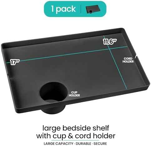 Modern Innovations Large Black Bedside Shelf for Bed, 1 Count Clip On Nightstand with Cup Holder and Cord Holder, College Dorm Bunk Bed Shelf for Top Bunk or Kids Bedroom
