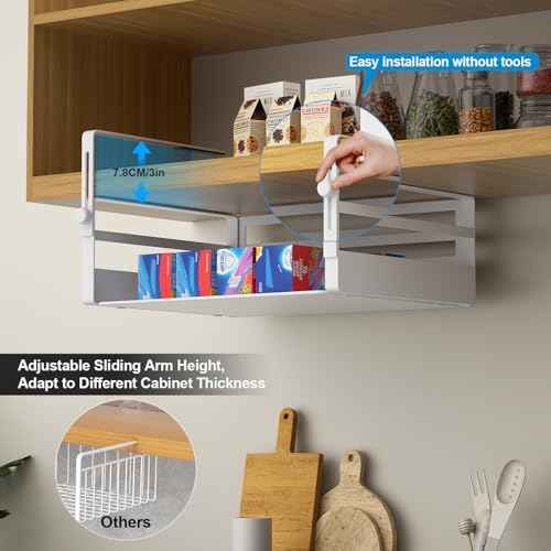 AmonHouseware 2 Pack Under Shelf Storage Basket Organizer,Adjustable Hanging Under Cabinet Add-on Storage Racks Slide-in Baskets Organizer for Laundry Room Kitchen Pantry Desk Bookshelf, White
