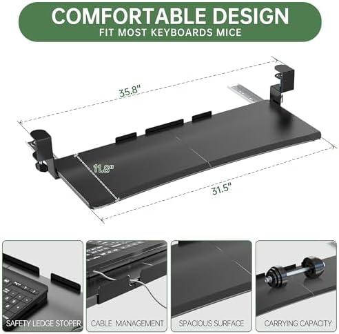 UPGRAVITY Extra Large Keyboard Tray Under Desk - Slide Out with Sturdy C-Clip Mount System, 31.5" (35.8" Including Clamps) x 11.8" Put-Out Keyboard Tray Computer Drawer for Ergonomic Typing, Black