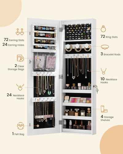 LVSOMT Over The Door Jewelry Organizer, 6 LED Wall Mounted Jewelry Cabinet