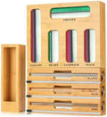 9 in 1 Bamboo Storage Bag Organizer for Kitchen Drawer, Bamboo Kitchen Drawer Organizer with Cutter, Foil and Plastic Wrap Dispenser, Ideal Storage for Gallon, Quart, Sandwich and Snack Bags
