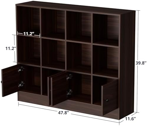 Cozy Castle Brown Wood Bookcase, 12 Cube Display Shelf with 4 Doors