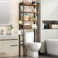 Over-The-Toilet Storage Rack 4-Tier,Bathroom Organizer Shelf Over Toilet,Adjustable Wooden Shelves and Basket,Freestanding Above Toilet Shelf,Space Saver for Rooms(Black Rack-Rustic Brown Shelves)