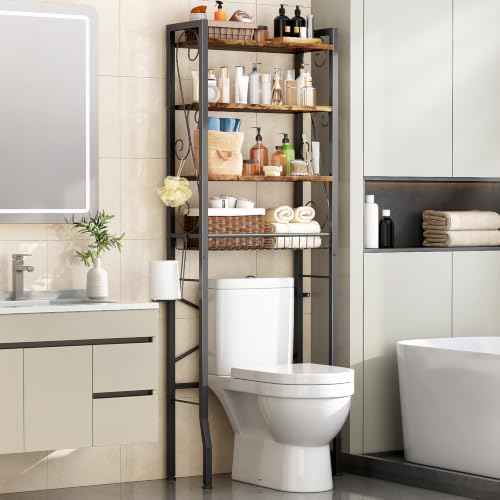 Over-The-Toilet Storage Rack 4-Tier,Bathroom Organizer Shelf Over Toilet,Adjustable Wooden Shelves and Basket,Freestanding Above Toilet Shelf,Space Saver for Rooms(Black Rack-Rustic Brown Shelves)