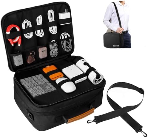 Extra Large Electronics Organizer Travel Case, Cable Organizer Bag with Shoulder Strap, Electronics Accessories Storage Double Layer Bags for Cord, Tablet, Headphone, Charger, Tools, DJ Gifts-Black