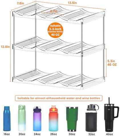 Stackable Water Bottle Organizer for Cabinet,3 Tier Water Bottle Holder for Stanley Yeti 40 oz Bottle Shelf,Clear Tumbler Storage Organizer,Wine Rack,Cup Organizer for Kitchen Cabinets Counter Pantry