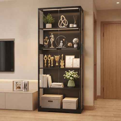 Display Cabinet with Glass Doors, LED Lights Motion Sensor