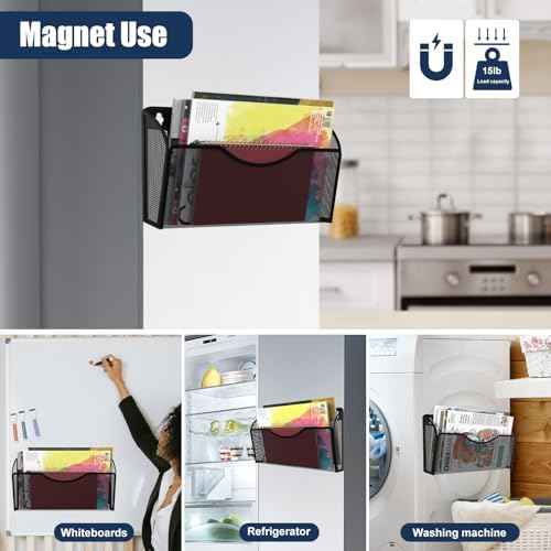 Magnetic File Holder 3 Pockets File Folder Organizer, Office Hanging Magazine Rack for File Cabinets, Magnetic Paper Holder, No Drilling Mail Organizer for Refrigerator, Whiteboard, Office, Kitchen