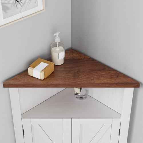 Bathroom Corner Cabinet,Farmhouse Floor Corner Cabinet with Doors and Adjustable Shelves, Freestanding Wooden Storage Hutch Cupboard for Bathroom, Kitchen, Living Room, White