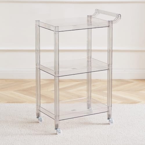 Acrylic Utility Rolling Cart,3-Tier Acrylic Bar Cart with Pulling Handle & 4 Wheels for Kitchen Living Room Dining Laundry,Clear Multifunction Small Spaces Rolling Serving (Size:29.13'' H,Color:Clear)
