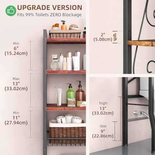 Over-The-Toilet Storage Rack 4-Tier,Bathroom Organizer Shelf Over Toilet,Adjustable Wooden Shelves and Basket,Freestanding Above Toilet Shelf,Space Saver for Rooms(Black Rack-Rustic Brown Shelves)