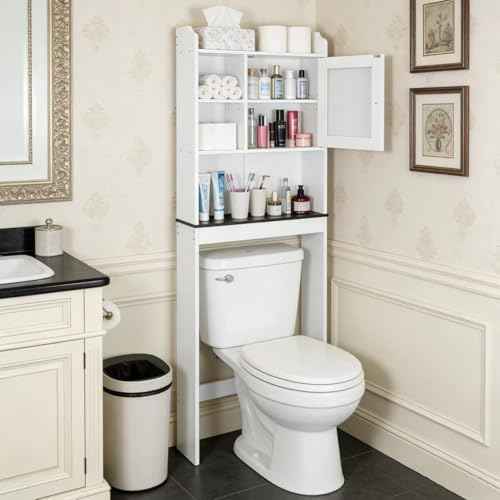 ZENY Over The Toilet Storage Cabinet, Bathroom Organizer with Adjustable Shelf and Double Doors, Freestanding Bathroom Space Saver Toilet Rack (White)