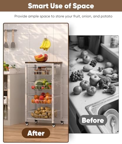 Fruit Vegetable Storage Cart for Kitchen, 5-Tier Vegetable Stand Rack with Pull-Out Fruit Baskets, Rolling Snack Cart with Wood Top & Banana Holder for Pantry, Living Room, Bathroom, White
