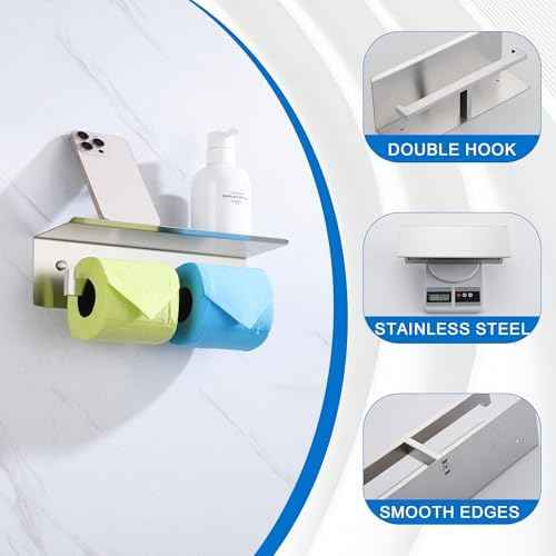 LANC Double Toilet Paper Holder with Shelf, Brushed Nickel Commercial Toilet Tissue Roll Dispenser with Phone Shelf 304 Stainless Steel for Bathroom, Kitchen, Hotel Wall Mounted, A8877BN