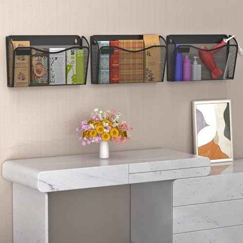 BOHDK Wall File Organizer, 3 Single Pockets Mesh Hanging File