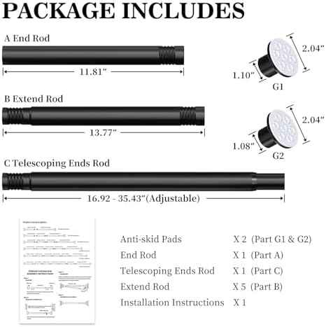 No Drilling Closet Rod, Adjustable Black Closet Rod, 28-98 Inches Closet Tension Rods for Hanging Clothes for Wardrobes, Closet, Laundry & Bathroom