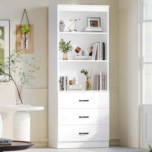 70" H Bookshelf with Drawers, Tall Bookcase with 3-Tier Open Shelves, Bookshelf and Bookcase with Storage Cabinet for Home Office,Living Room(White, 6-Tier)