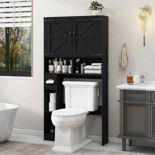 Vabches Over The Toilet Storage Cabinet with 2 Barn Doors, Pure Black