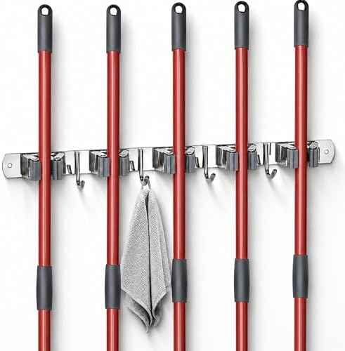 voze 5 Racks and 4 Hooks Mop and Broom Holder Wall Mount, Self Adhesive Heavy Duty Broom Hanger Organizer Storage Tool Racks for Kitchen Garden Laundry Garage