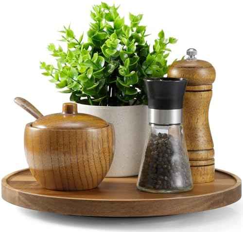 10” Acacia Wood Lazy Susan Turntable Organizer for Cabinet - Round Wooden Lazy Susan Organization and Storage for Pantry Table Kitchen Countertop Cupboard Coffee Bar Farmhouse Decor