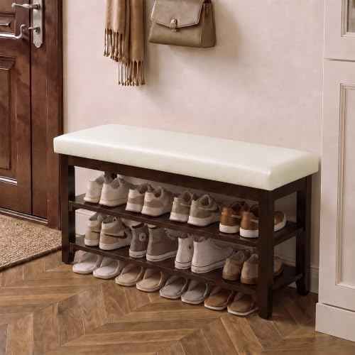40" Solid Wood Shoe Storage Bench, 2 Tier Shoe Rack for Entryway, Beige