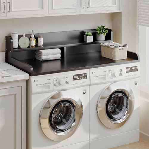 2-Tier Washer Dryer Countertop with 2.75"H Edge Rails, 54" W x 27.55" D Laundry Countertop for Folding Clothes, Washer and Dryer Topper with Non-Slip Pad (Black)
