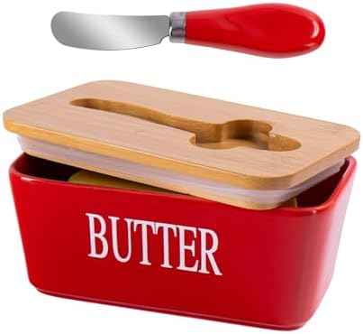 Red Butter Dish with Lid for Countertop, Large Ceramic Covered Butter Stick Holder Container for Fridge
