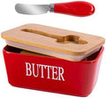 Red Butter Dish with Lid for Countertop, Large Ceramic Covered Butter Stick Holder Container for Fridge
