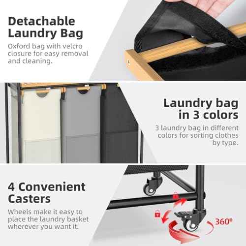 BambooHomie Laundry Hampers 3 Section, Laundry Sorter with Removable Shelf and Pull-Out Bags, Rolling Cart Clothes Hampers Basket with Wheels for Laundry Room Bathroom, 3 x 45 L (Black Beige Gray)