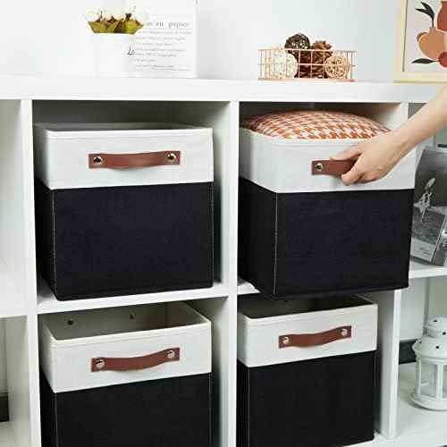 HNZIGE Cubes Storage Bins Set of 4,11 x 11 Fabric Storage Cube Baskets for Storage,Decorative Storage Bins for Shelves with Handles,Closet Clothes Baskets for Organizing Home(Black White)