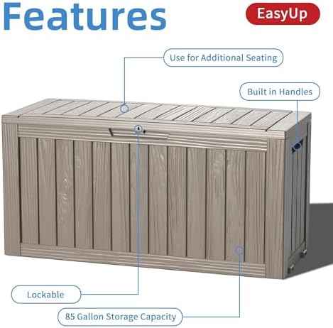 EasyUp 85 Gallon Outdoor Storage Box, Resin Waterproof UV-Resistant Deck Box, Reinforced Stability for Patio, Garden, and Poolside, Striped Gray