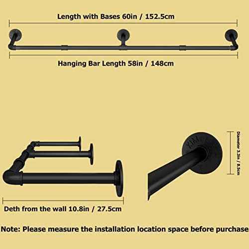 Wall Mounted Clothes Rack, 60in Industrial Pipe Clothing Rack for Hanging Clothes, Heavy Duty Garment Rack Wall, Space-Saving Bar, Multi-Purpose Hanging Rod for Laundry Room, Bedroom, 1 Pack