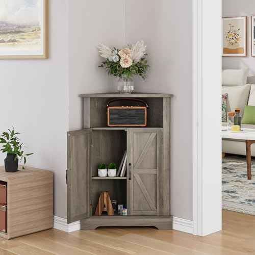Bathroom Corner Cabinet, Farmhouse Floor Corner Cabinet with Doors and Adjustable Shelves, Freestanding Wooden Storage Hutch Cupboard for Bathroom, Kitchen, Living Room,Grey