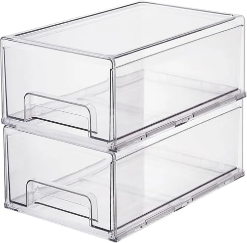 Clear Plastic Stackable Storage Drawers Bins, Perfect for Kitchen Pantry Organization and Storage, Under Sink Organizer, Pull Out Cabinet Organizer, Makeup, Bathroom Storage Containers for Organizing