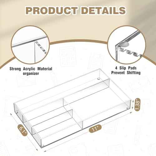 Briwooody 2 Pcs Clear Acrylic Desk Drawer Organizer 11 x 6 x 1.38 Inch Drawer Organizer Trays with 4 Compartments Desk Accessories for Office Makeup Silverware Bathroom