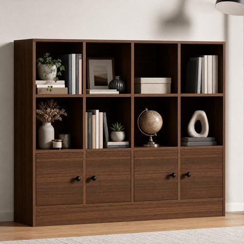 Cozy Castle Brown Wood Bookcase, 12 Cube Display Shelf with 4 Doors