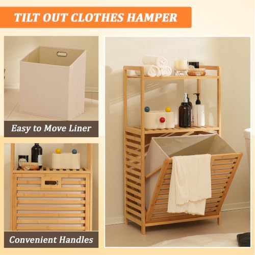 Baveke Tilt Out Laundry Hamper with 2 Tier- Bamboo Laundry Basket, Natural