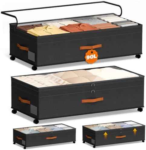 Under Bed Storage with Wheels, 35.5 inches Underbed Storage Large Capacity Under Bed Rolling Containers, 2 Pack Under the Bed Storage for Clothes, Shoes, Blankets (Deep Black)