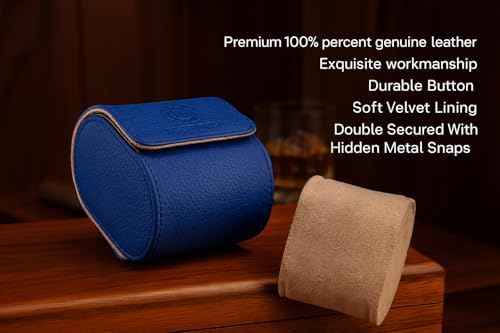 Genuine Napa Leather Watch Roll Travel Case for 3 Watches - Travel Watch Rolls and Leather Watch Display Cases with Velvet Interior - Watch Storage Organizer Men's (Blue - Single)