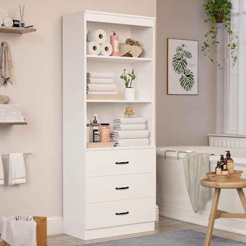 70" H Bookshelf with Drawers, Tall Bookcase with 3-Tier Open Shelves, Bookshelf and Bookcase with Storage Cabinet for Home Office,Living Room(White, 6-Tier)